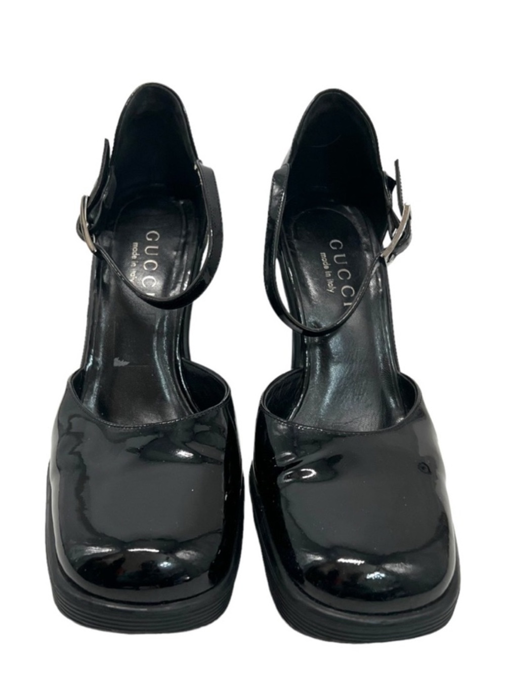 Gucci Black Patent Leather Square-Toe Ankle-Strap Heels